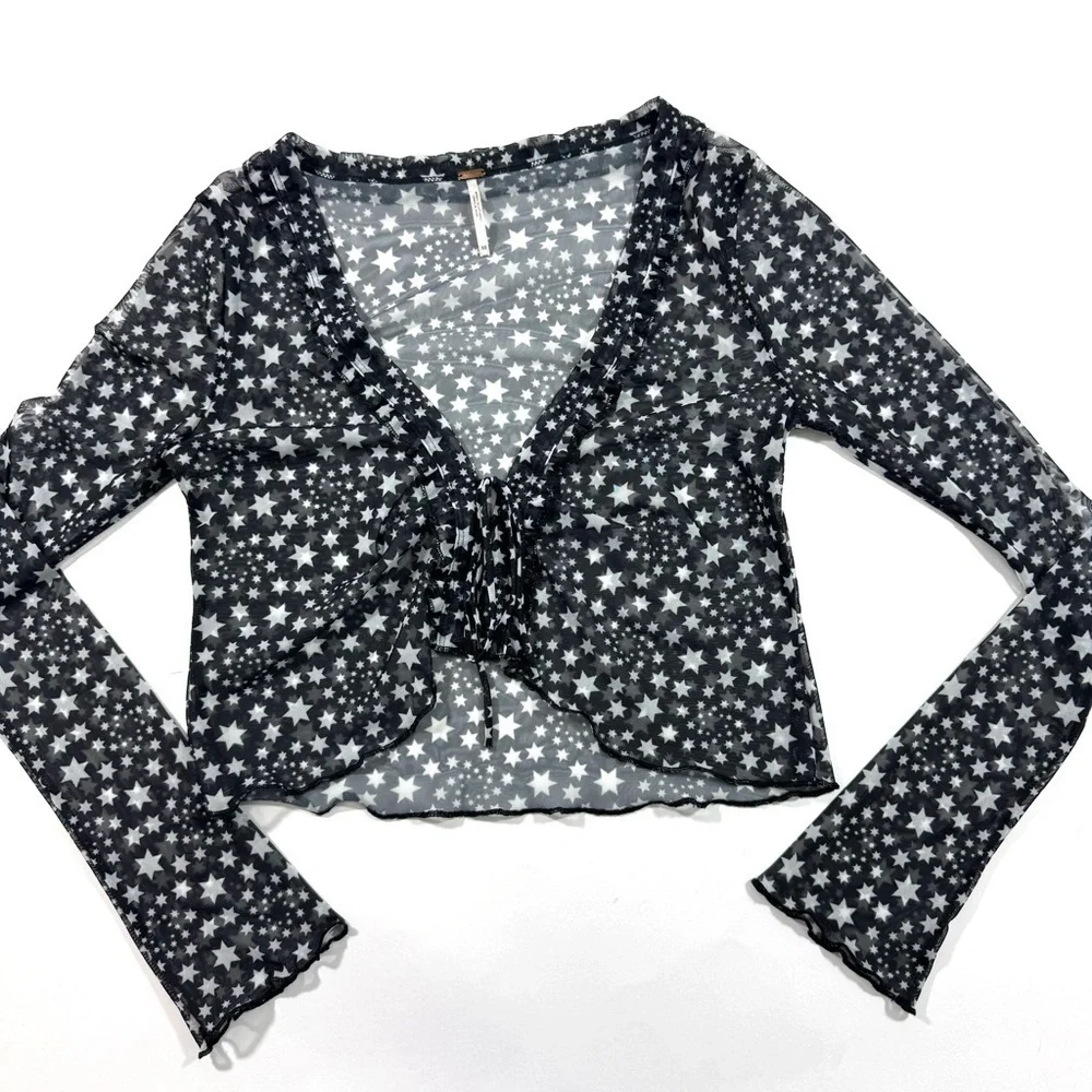 Free People Marne Sheer Mesh Top Long Sleeve Tie Front